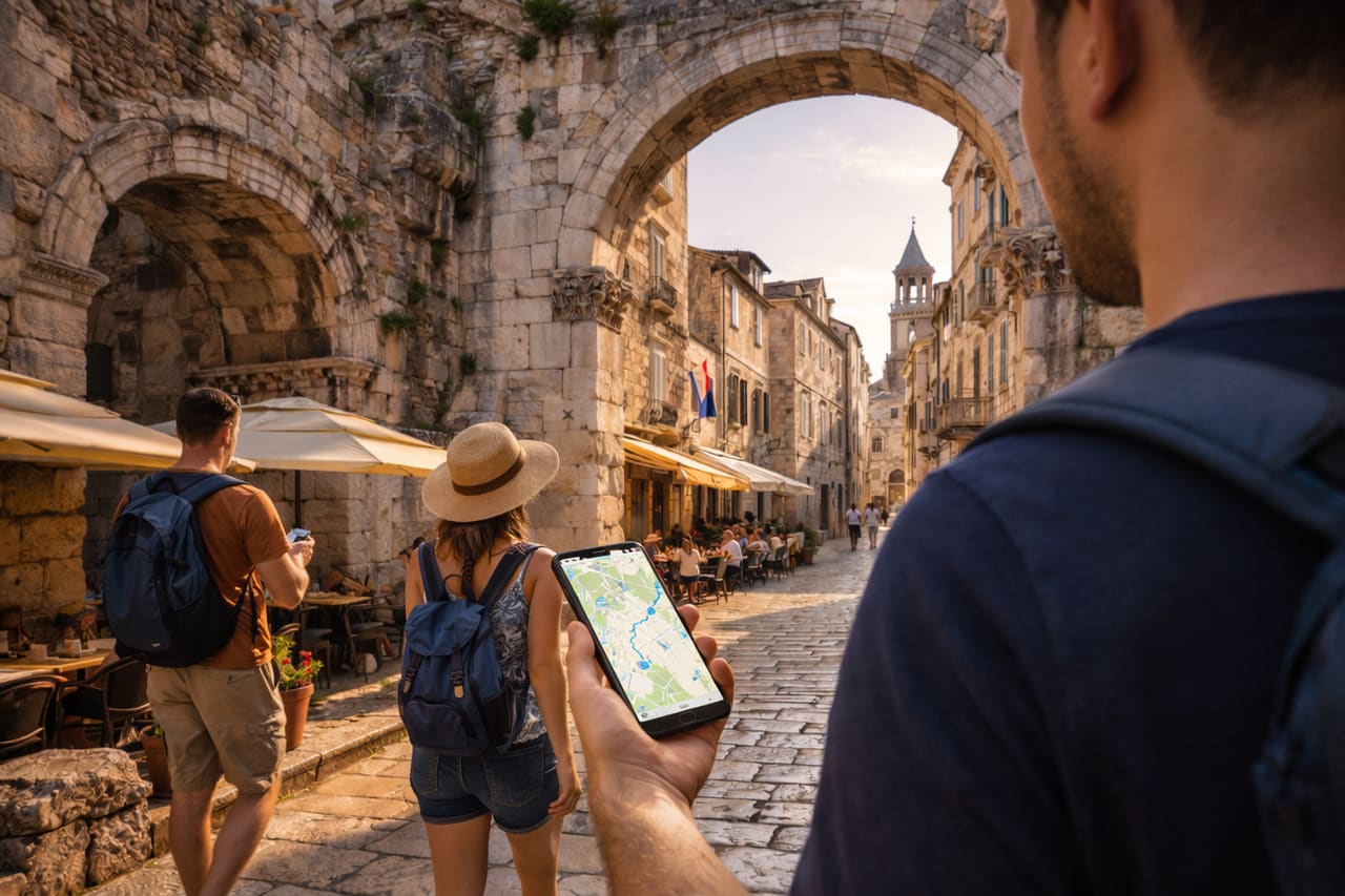 Touristen nutzen eSIM-Internet auf dem Smartphone beim Spaziergang durch den Diokletianpalast in Split