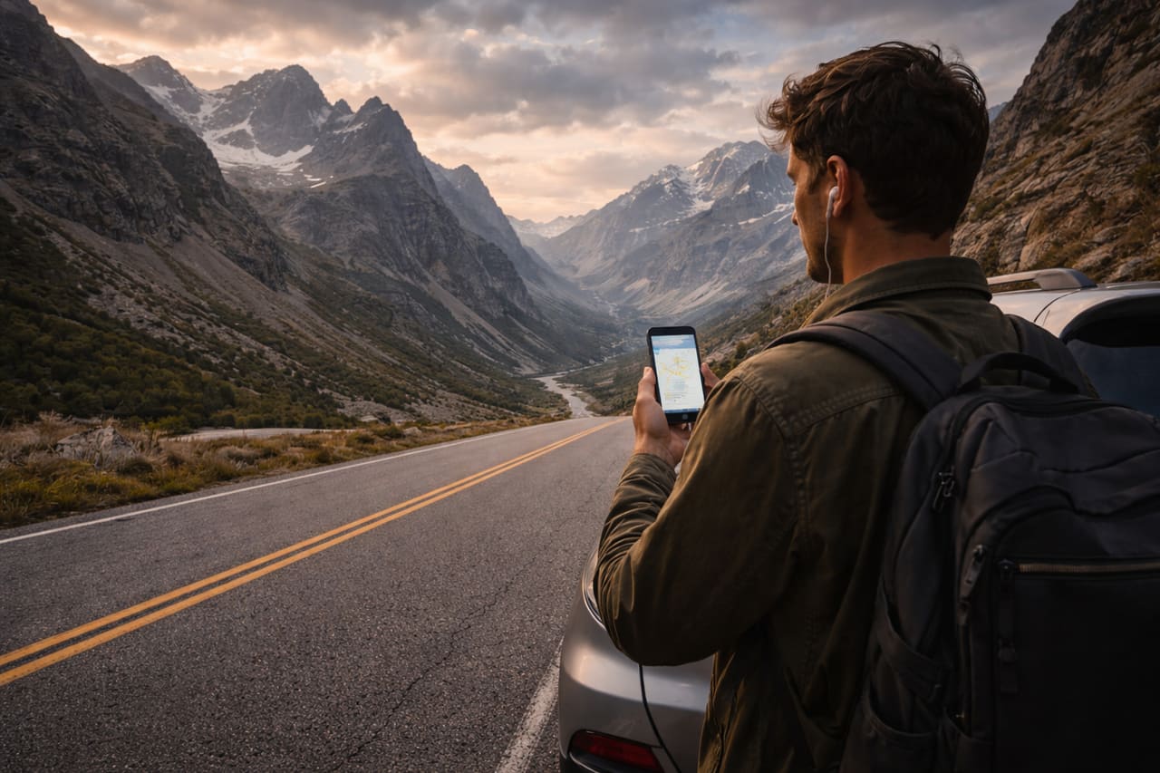 Inquadratura grandangolare di una strada di montagna che scompare tra alte creste; un’auto è ferma a bordo strada, il guidatore è di spalle e controlla le previsioni meteo sullo smartphone, lo schermo è parzialmente visibile, le montagne dominano la composizione.