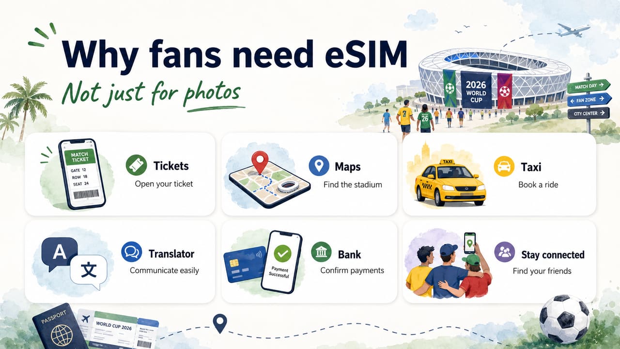 Infographic on why fans need eSIM for tickets, maps, taxis, translators, banking apps, and staying connected
