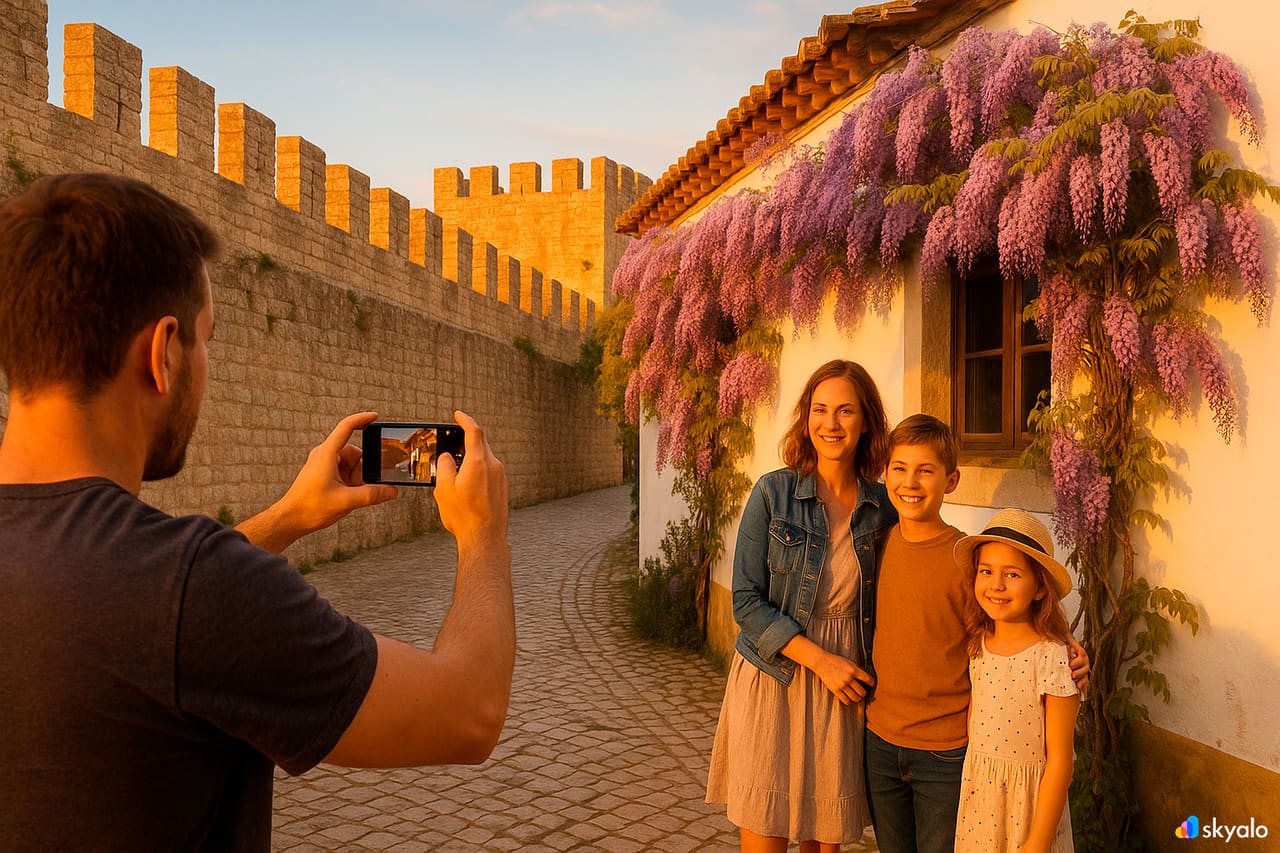 Padre che fotografa la famiglia in cima alle mura di Óbidos; case bianche e fiori viola sotto un cielo al tramonto