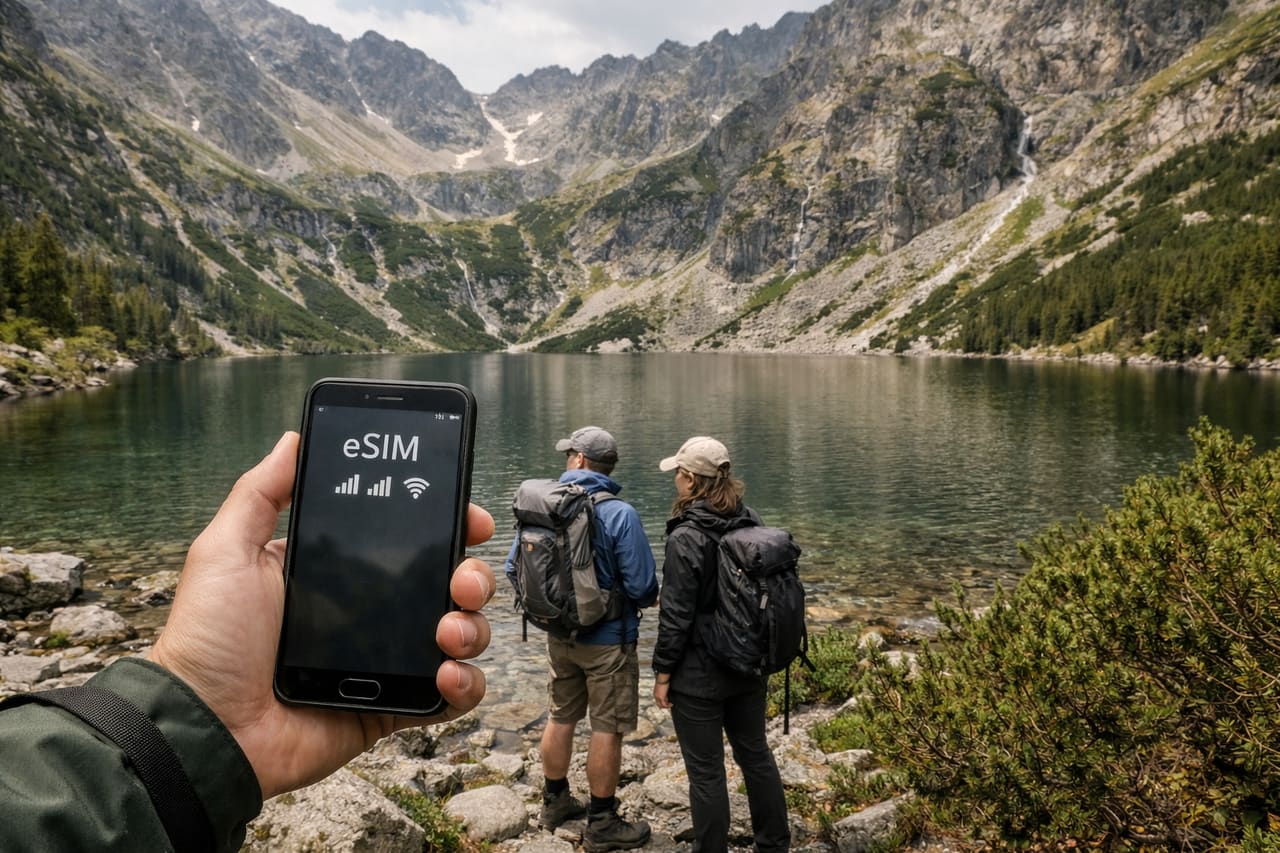Viaggiatori nel Parco Nazionale dei Tatra usano smartphone con internet eSIM