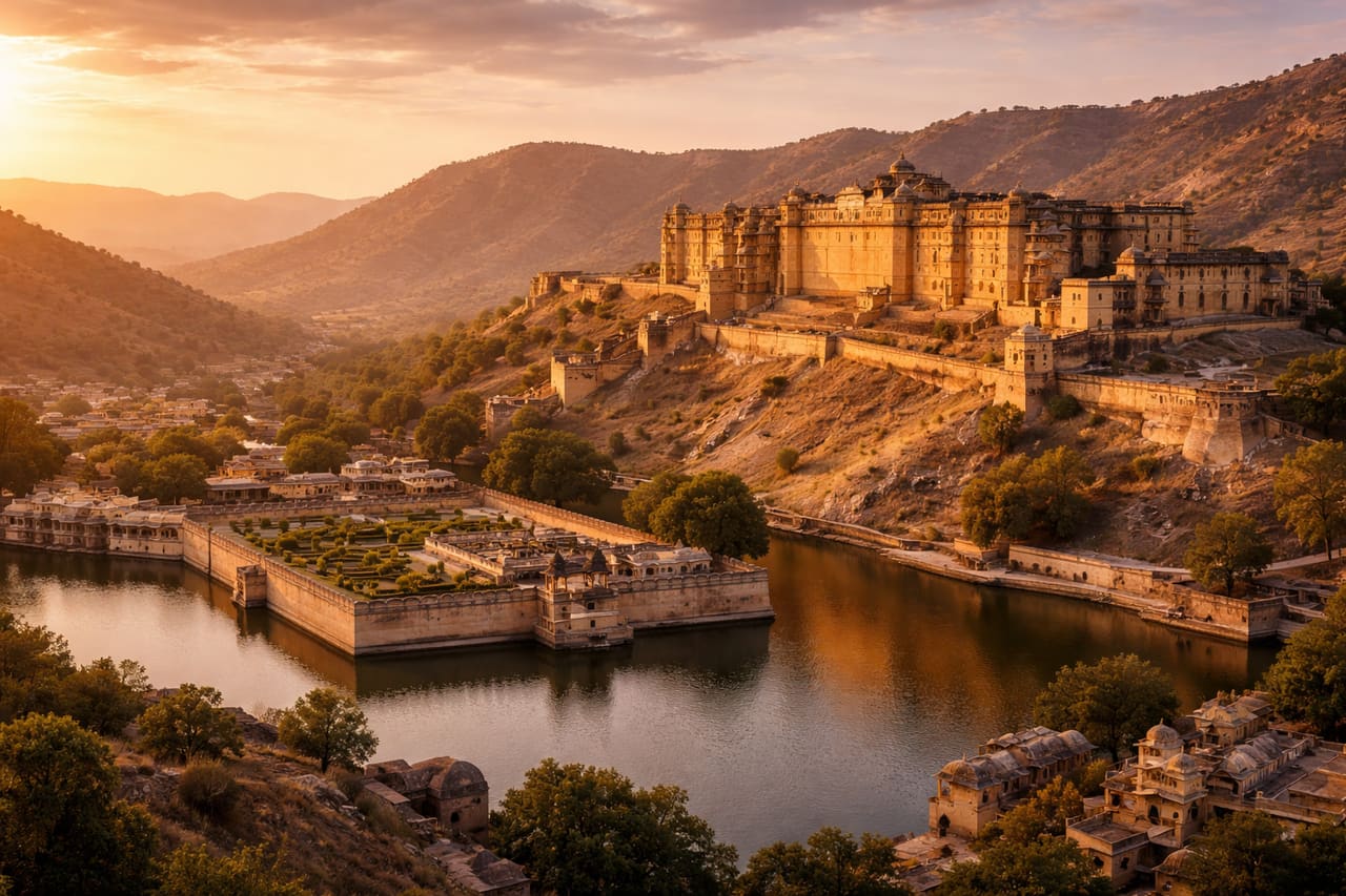 Majestátní Amber Fort na kopci pod teplým sluncem, palácové zdi, kamenné terasy a panoramatický výhled na okolí Džajpuru.