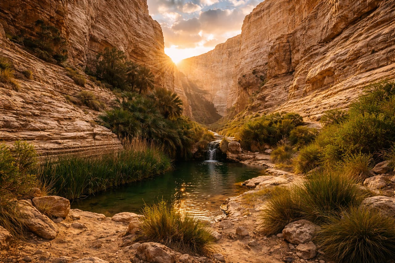Il canyon di Ein Avdat nel deserto del Negev con alte pareti rocciose e una gola stretta