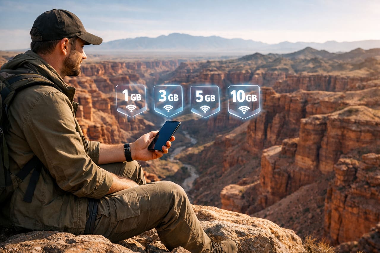 Viaggiatore con smartphone e icone visive 1 GB, 3 GB, 5 GB e 10 GB sullo sfondo del Canyon di Charyn in Kazakistan