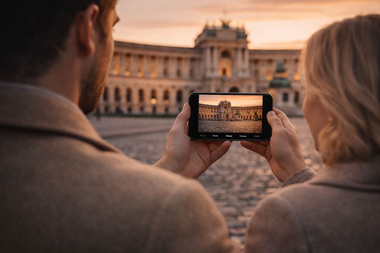 Viaggiatori fotografano il Palazzo Hofburg a Vienna con uno smartphone con eSIM per viaggiare in Austria