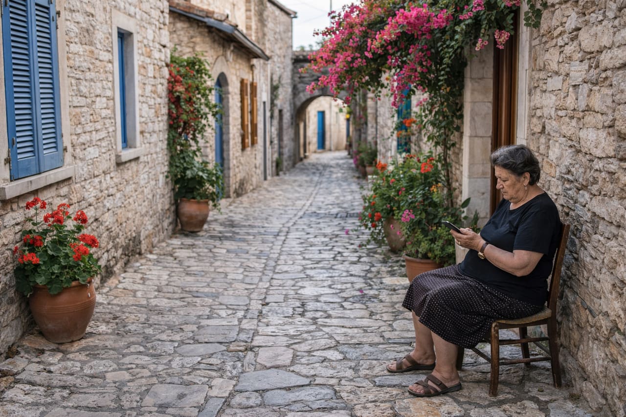 Stradine strette del villaggio di Lefkara a Cipro e una residente locale con lo smartphone.