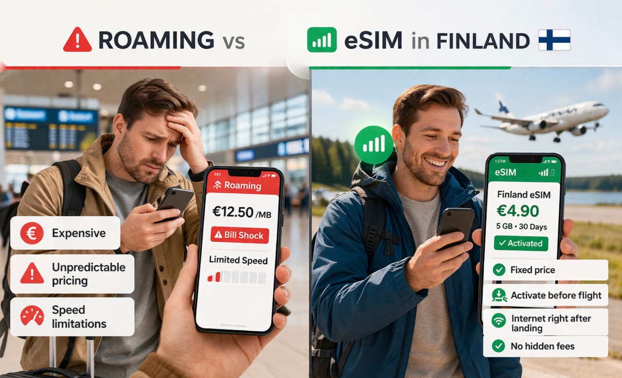 Инфографика сравнения роуминга и eSIM в Финляндии: слева расстроенный путешественник с дорогим и нестабильным роумингом, справа довольный пользователь eSIM с фиксированной ценой и быстрым интернетом сразу после посадки