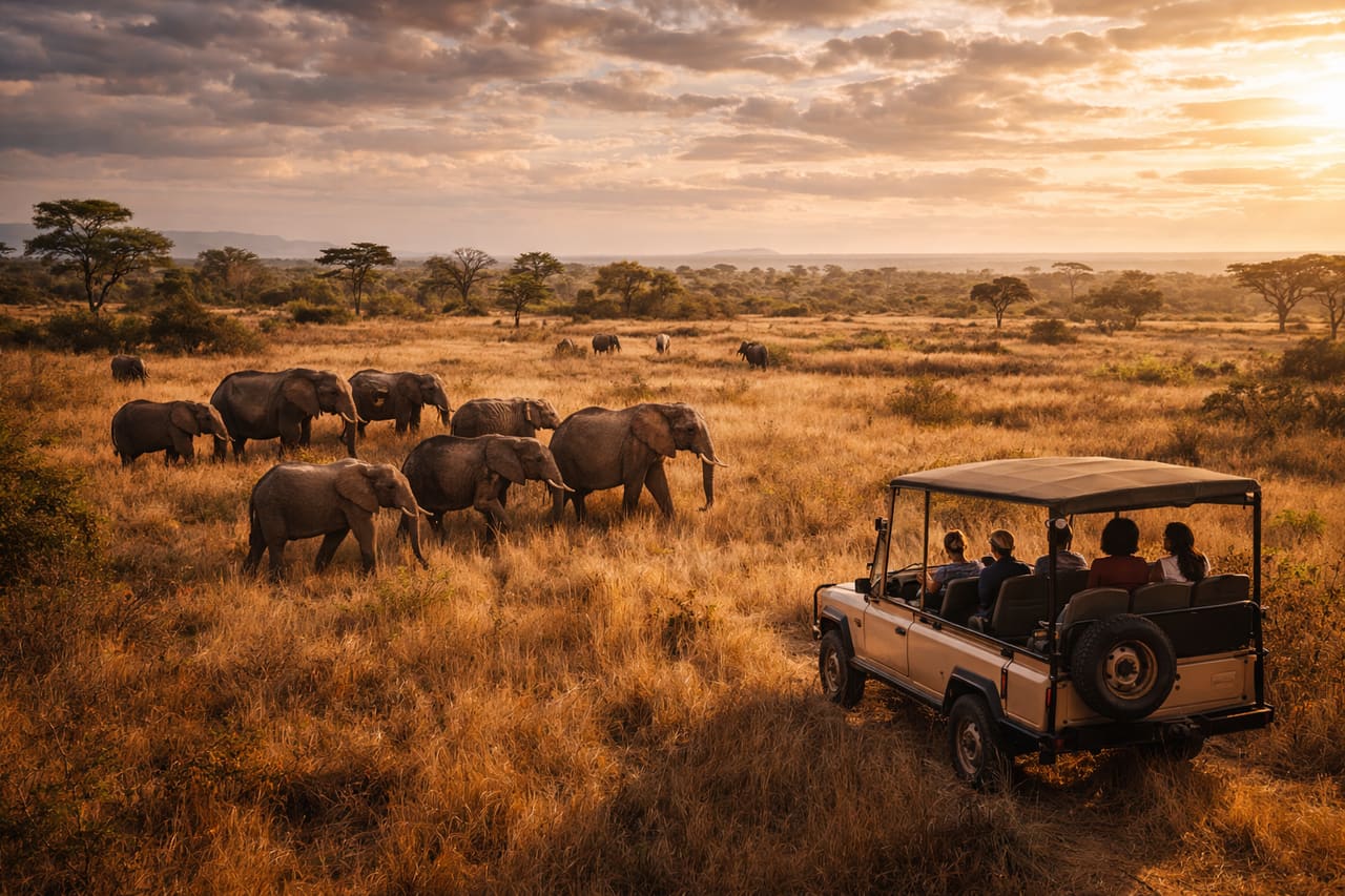 Savana ed elefanti nel Parco nazionale di Kissama