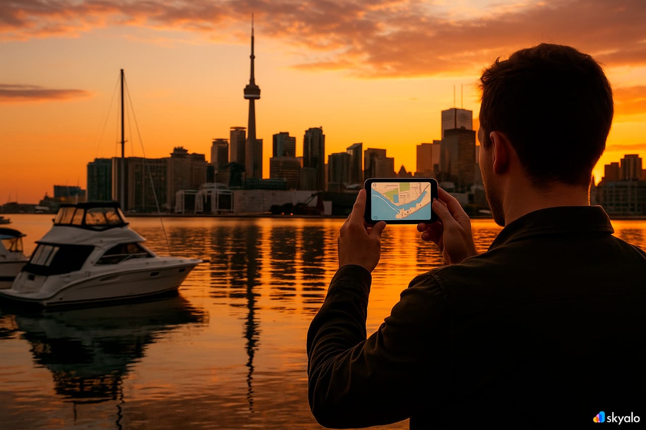 Uomo che fotografa lo skyline di Toronto sul lago; mappa del traghetto sullo schermo del telefono, barche e grattacieli che brillano al tramonto