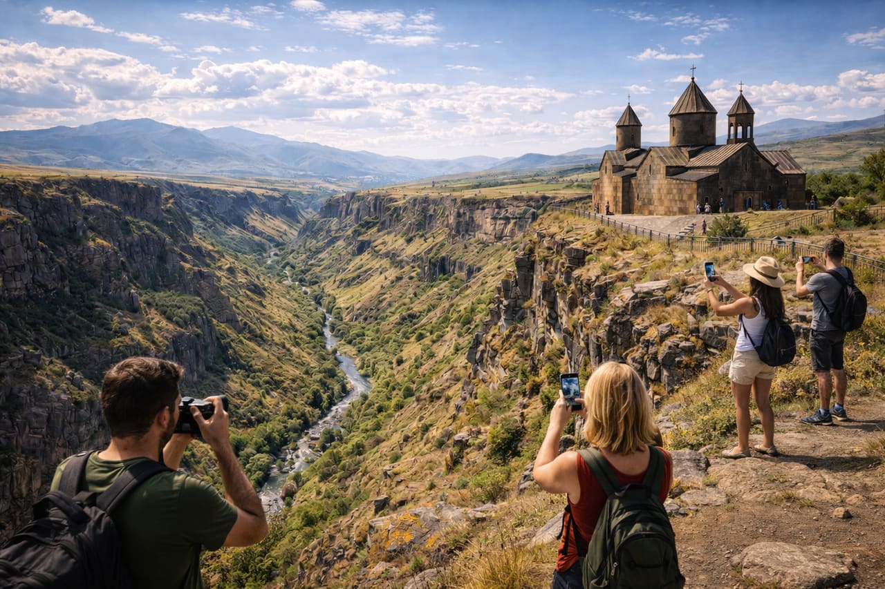 Gola di Kasagh con il monastero di Saghmosavank e turisti che fotografano il panorama e restano online grazie all’eSIM