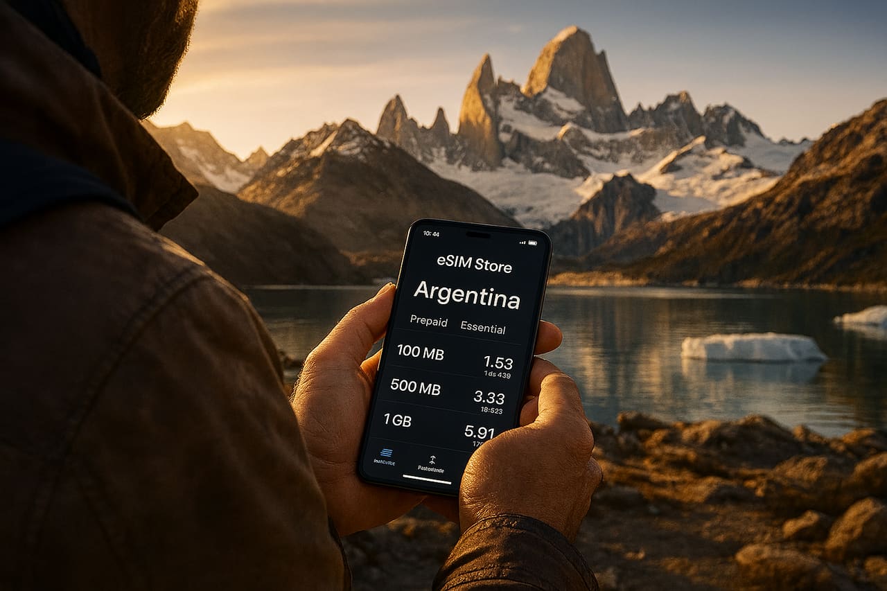 Viaggiatore in Patagonia con sullo sfondo Ande e un lago glaciale, tiene in mano uno smartphone con eSIM attiva e rete mobile