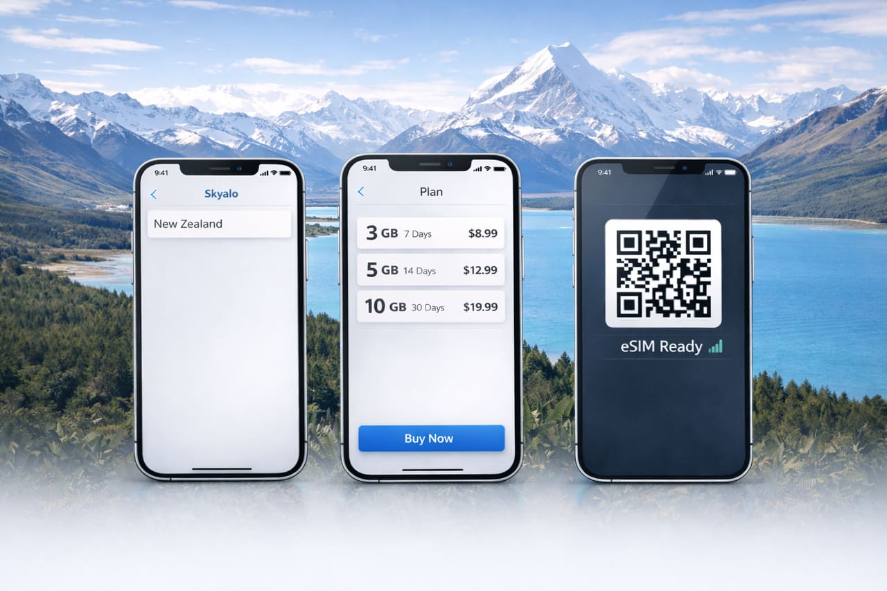 Три смартфона с eSIM Skyalo для Новой Зеландии с тарифами и QR-кодом на фоне гор и озера