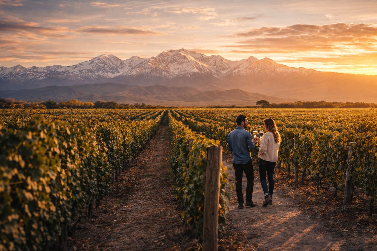 Vigneti di Mendoza sullo sfondo delle Ande e coppia di turisti che prenota una degustazione tramite eSIM