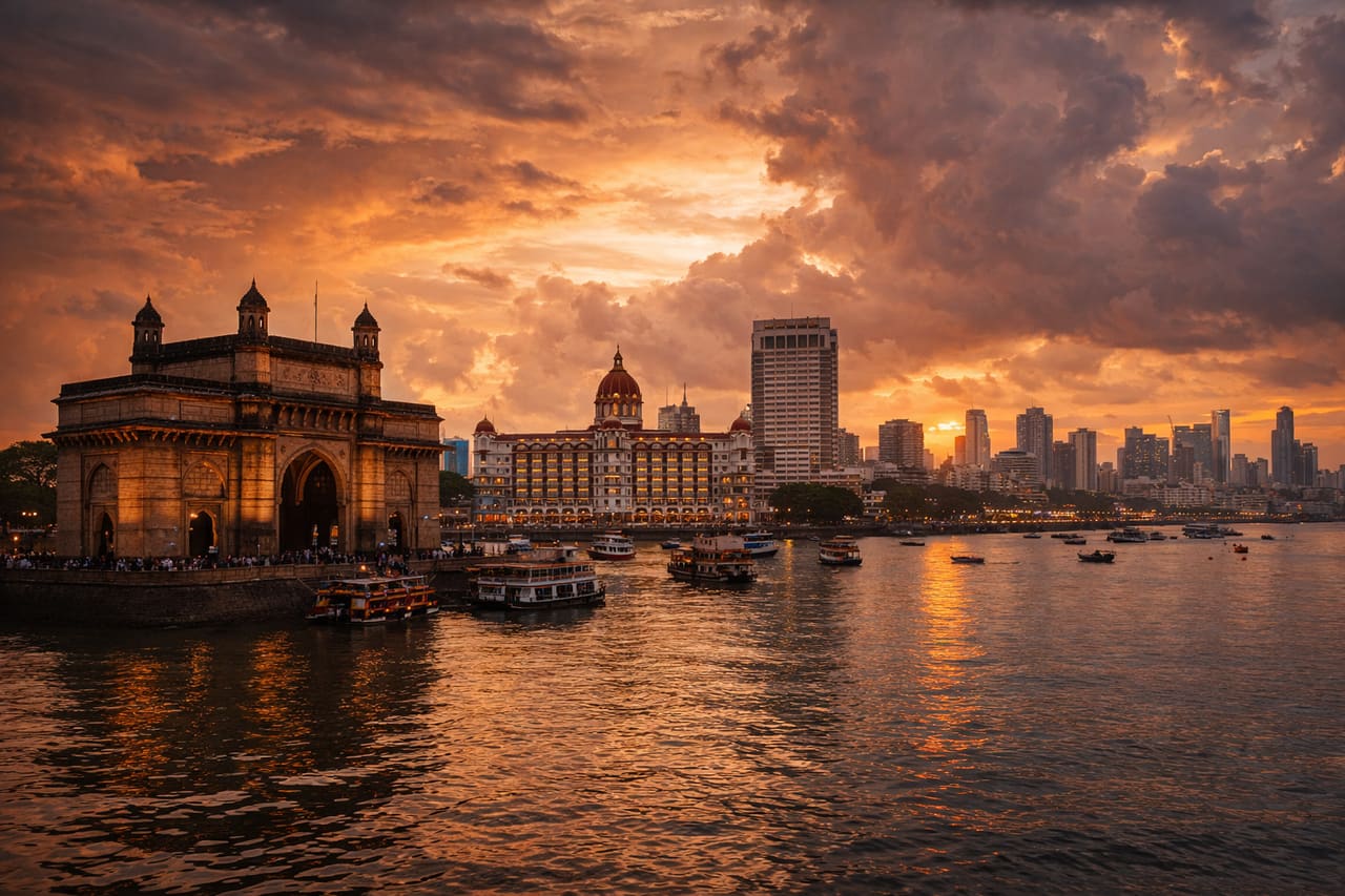 Pobřežní scenérie Bombaje s výhledem na Gateway of India, moře, historickou architekturu a živou atmosféru velké moderní metropole.