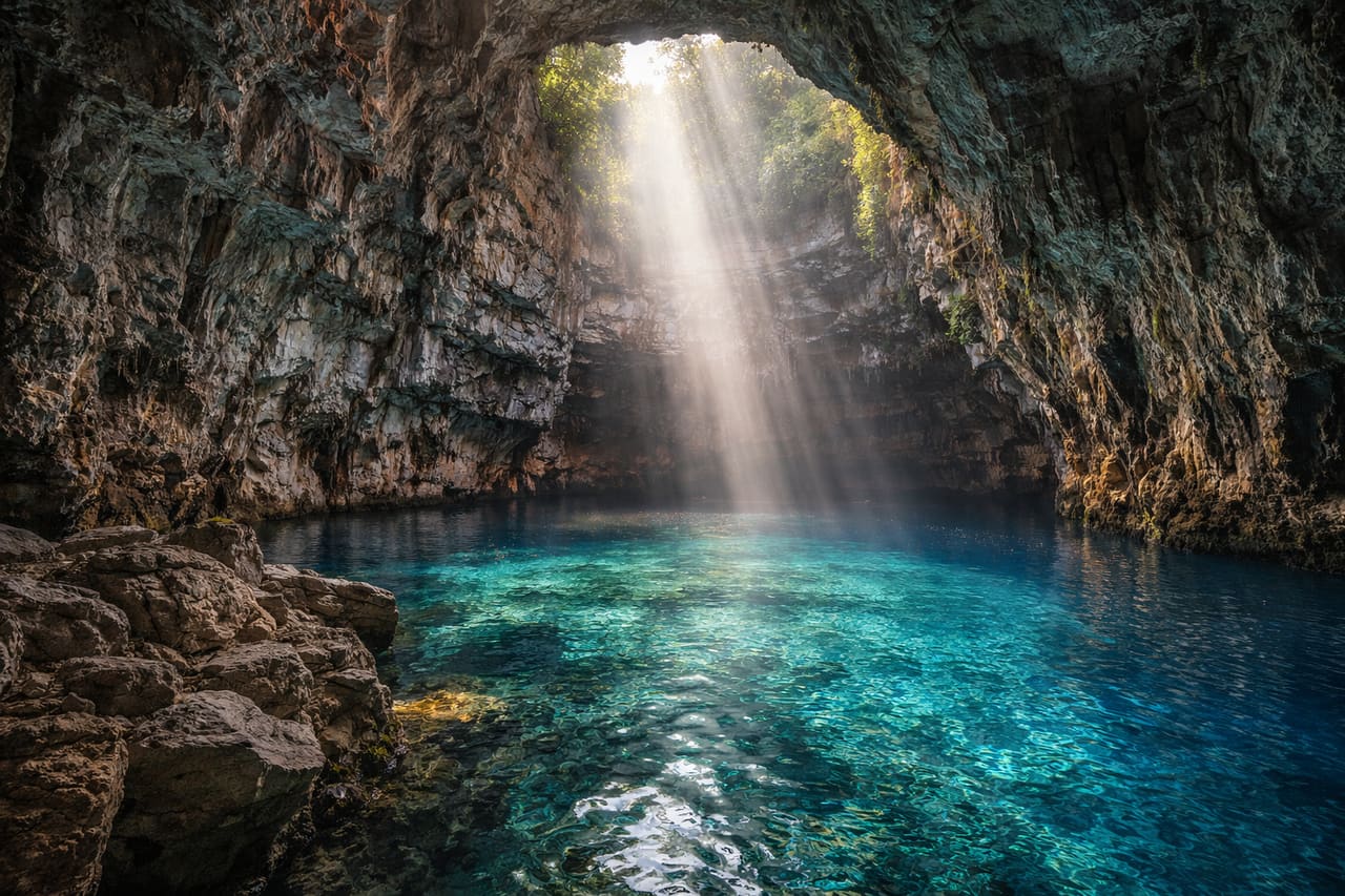 Lago sotterraneo di Melissani nella grotta di Cefalonia
