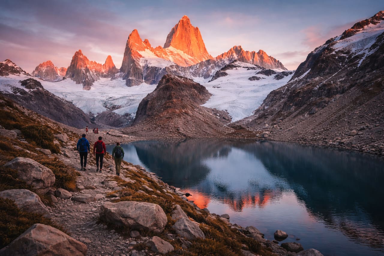 Monte Fitz Roy in Patagonia e turista con telefono che usa la eSIM per navigare lungo il percorso