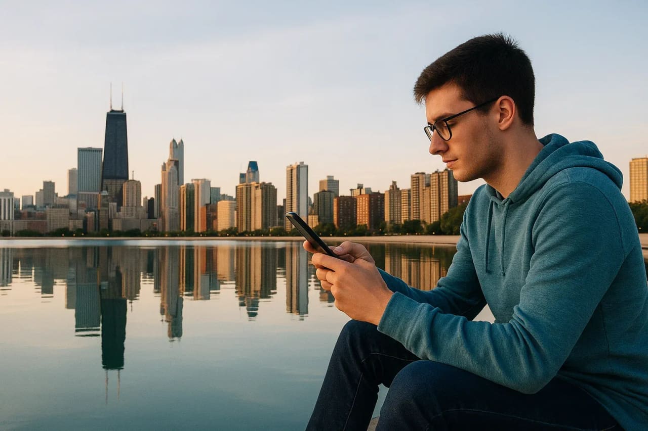 Ciutat de Chicago i un noi amb un telèfon eSIM vora el llac