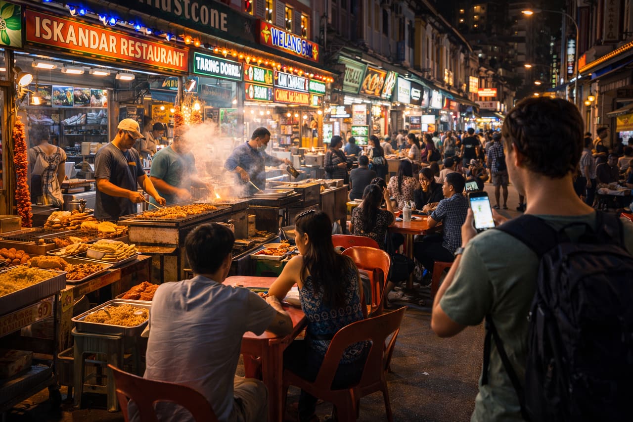 Mercato notturno di street food nel quartiere Little India.