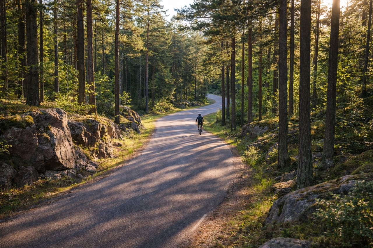 Strada forestale nella regione di Geta nelle Isole Åland con ciclista e uso della eSIM