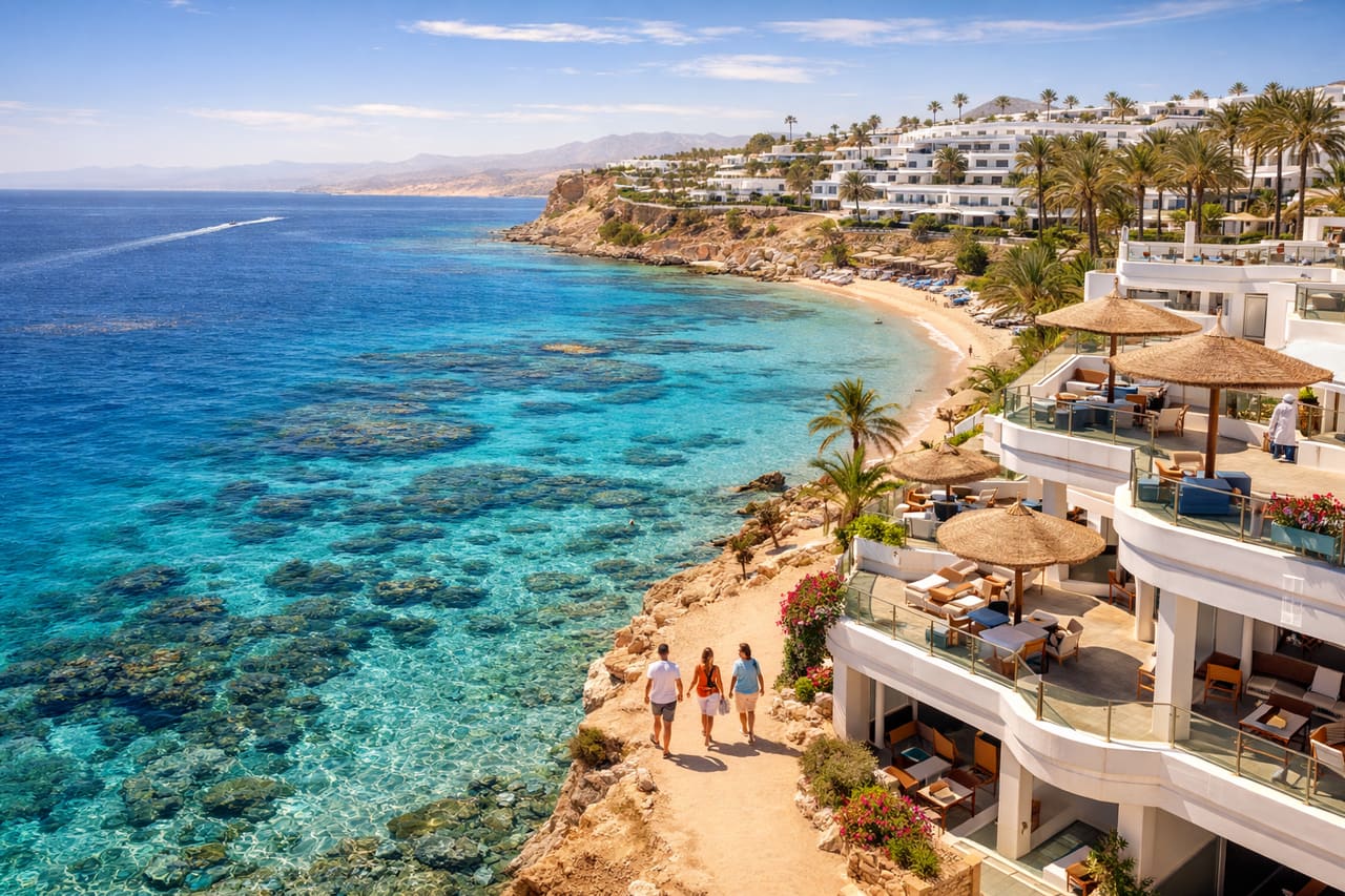Costa di Sharm el-Sheikh con barriere coralline e turisti in spiaggia, viaggio in Egitto con internet eSIM