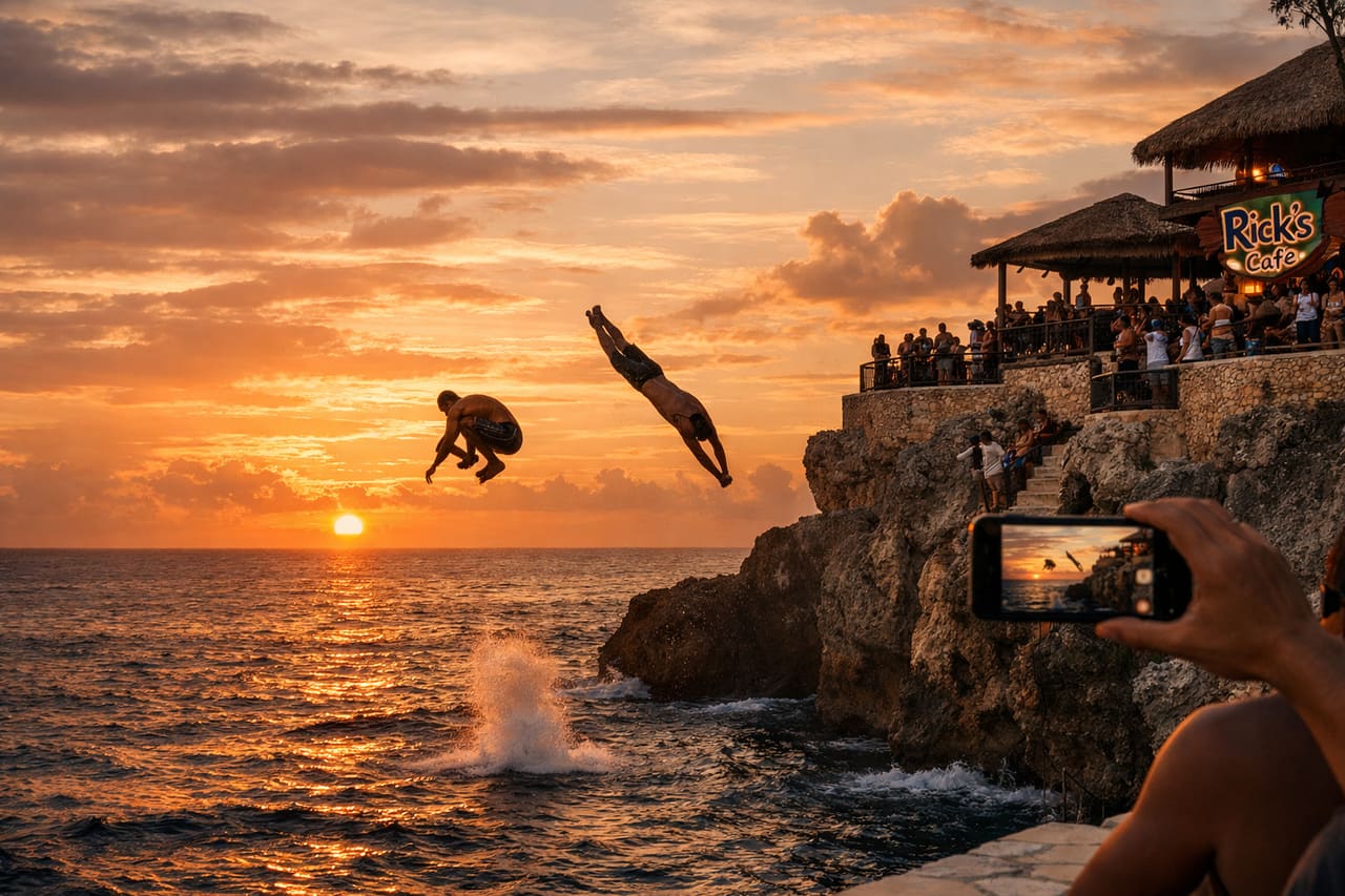 Tramonto al Rick’s Cafe di Negril: turisti sullo sfondo riprendono i tuffi dalle scogliere con gli smartphone
