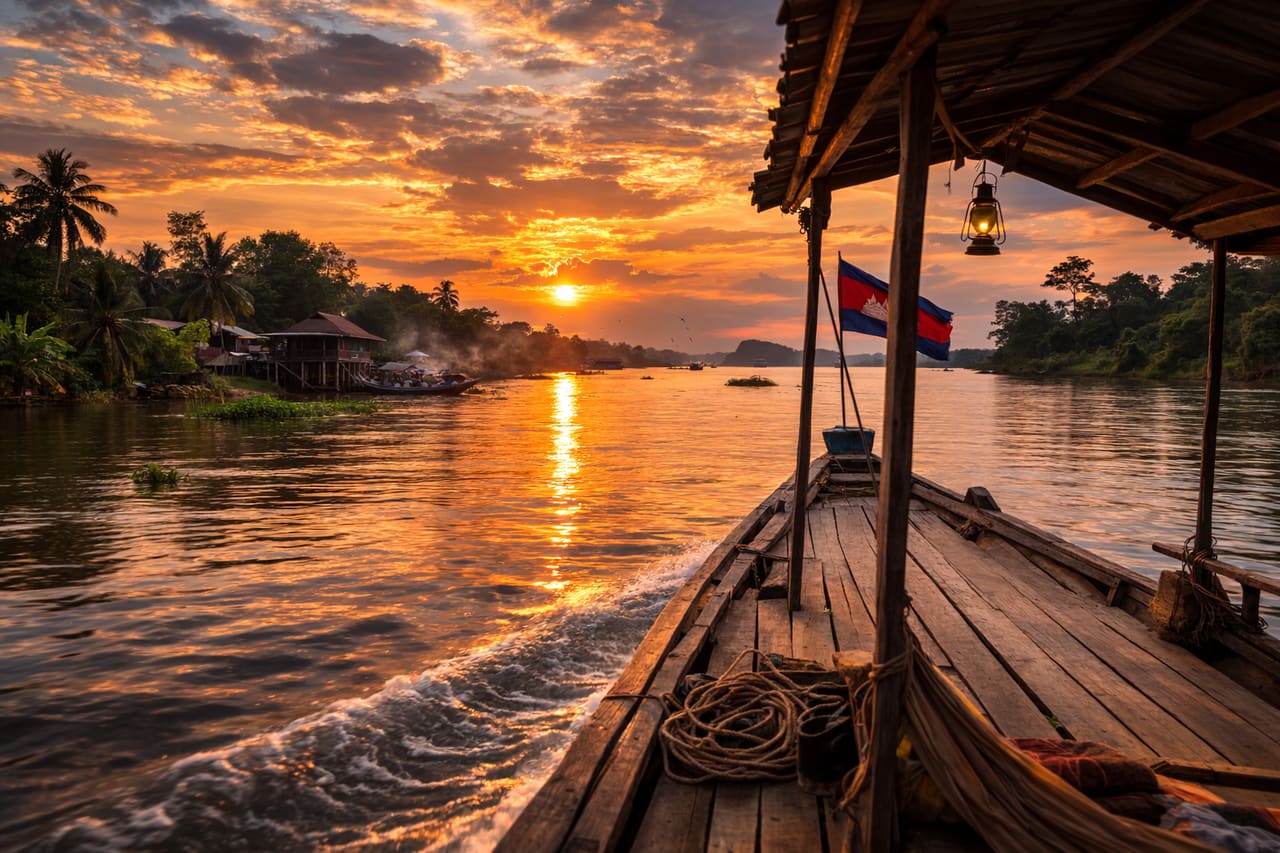 Tramonto sul fiume Mekong con una barca sullo sfondo del cielo arancione