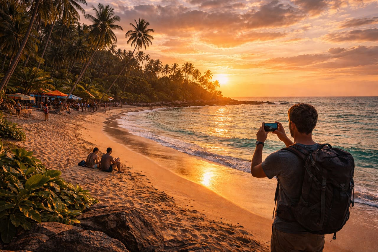 La spiaggia di Mirissa con palme e acqua turchese dell’Oceano Indiano in Sri Lanka.