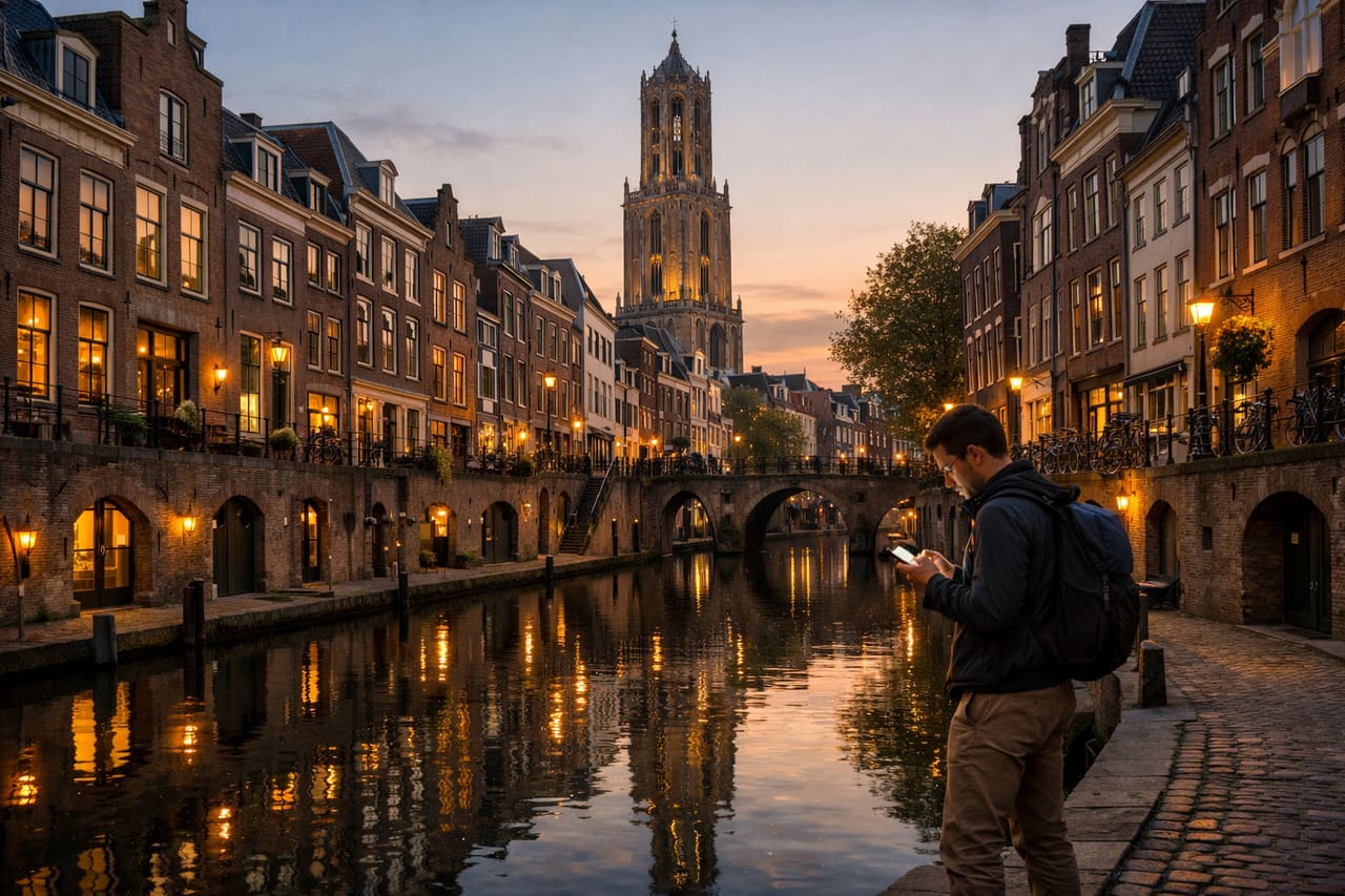 I canali di Utrecht con la torre Domtoren e l’architettura storica