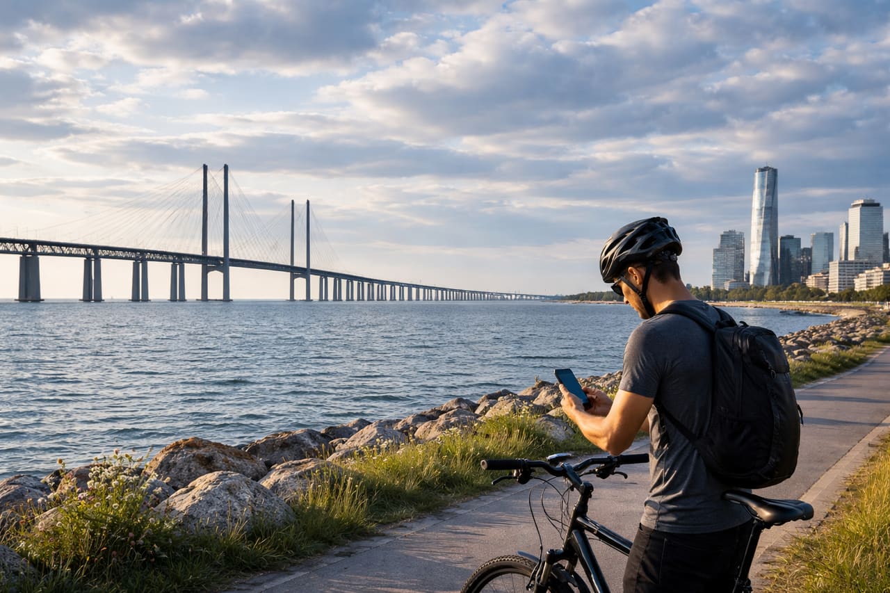 Ponte di Öresund tra Svezia e Danimarca: un ciclista usa lo smartphone