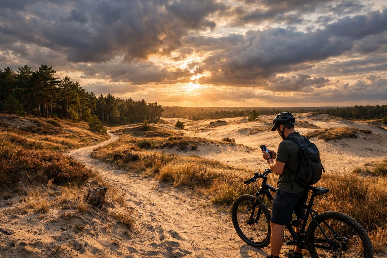 Dune sabbiose e foreste di Hoge Veluwe con un ciclista