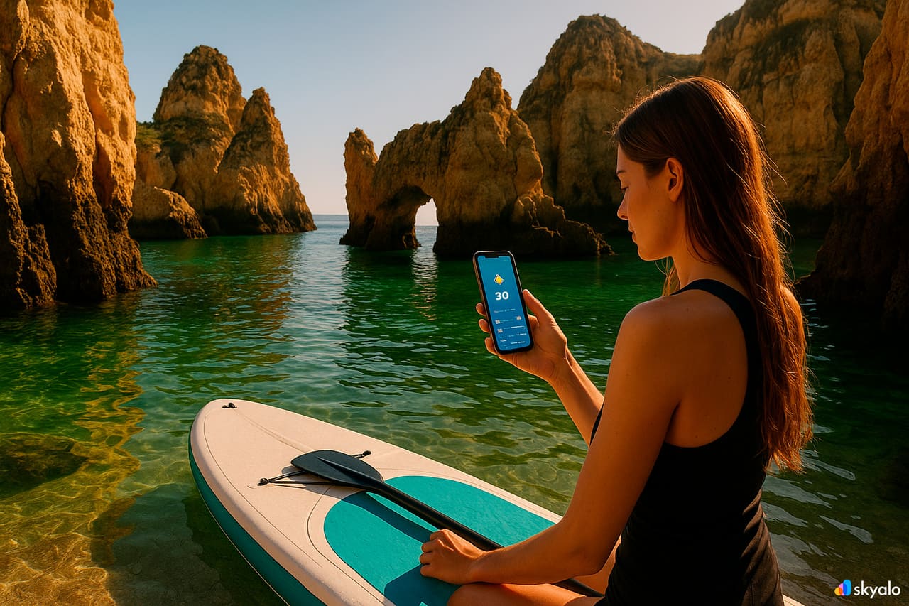 Donna su un SUP sotto l’arco di Ponta da Piedade all’alba rosa; telefono con eSIM Skyalo, acqua smeraldo sotto le scogliere