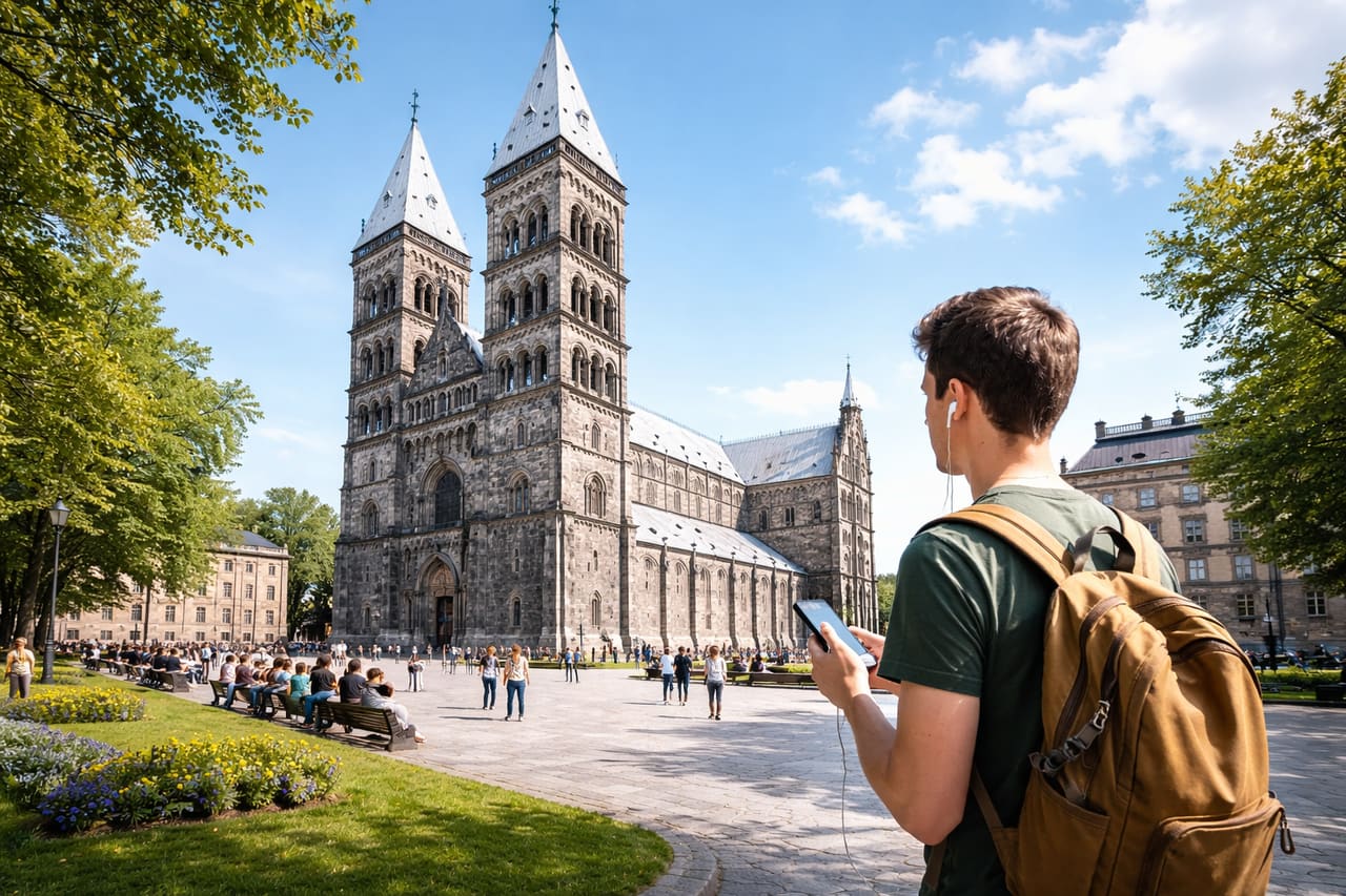 Cattedrale di Lund e uno studente usa lo smartphone
