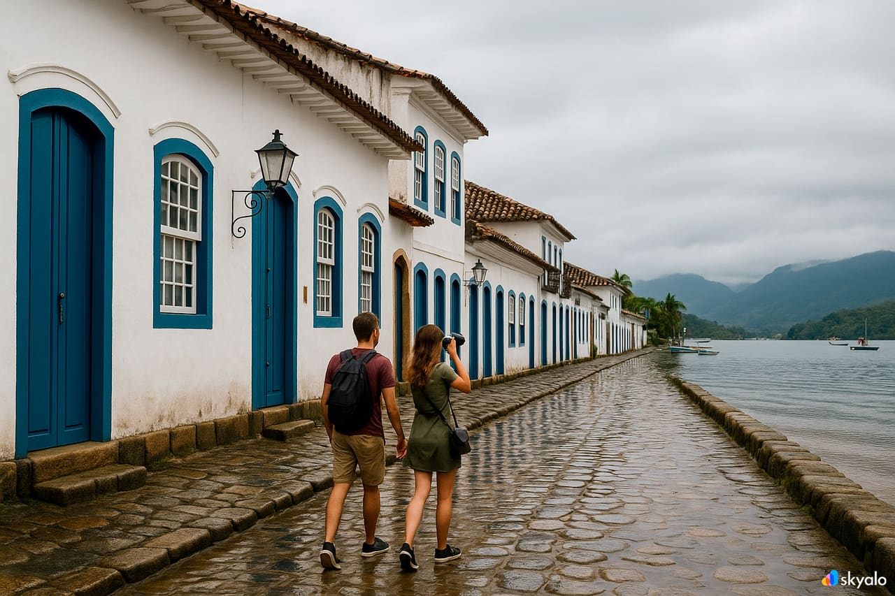 Yağmurdan sonra Paraty’nin arnavut kaldırımlı sokaklarında yürüyen çift, beyaz badanalı evleri fotoğraflıyor
