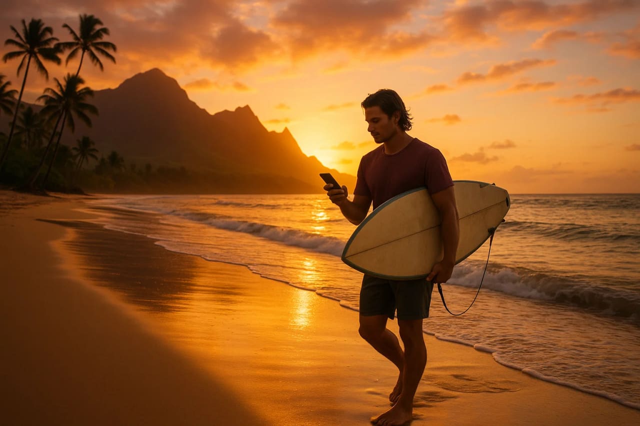 Surfista al capvespre a la platja de Hawaii