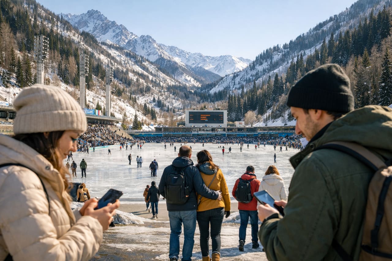 Viaggiatori alla pista di pattinaggio di Medeo con smartphone e eSIM