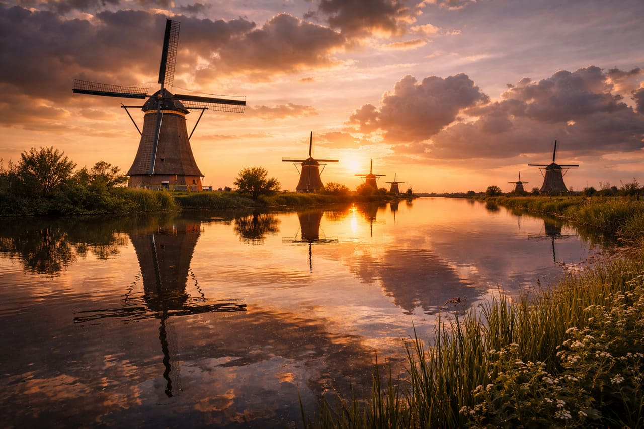 I mulini di Kinderdijk al tramonto