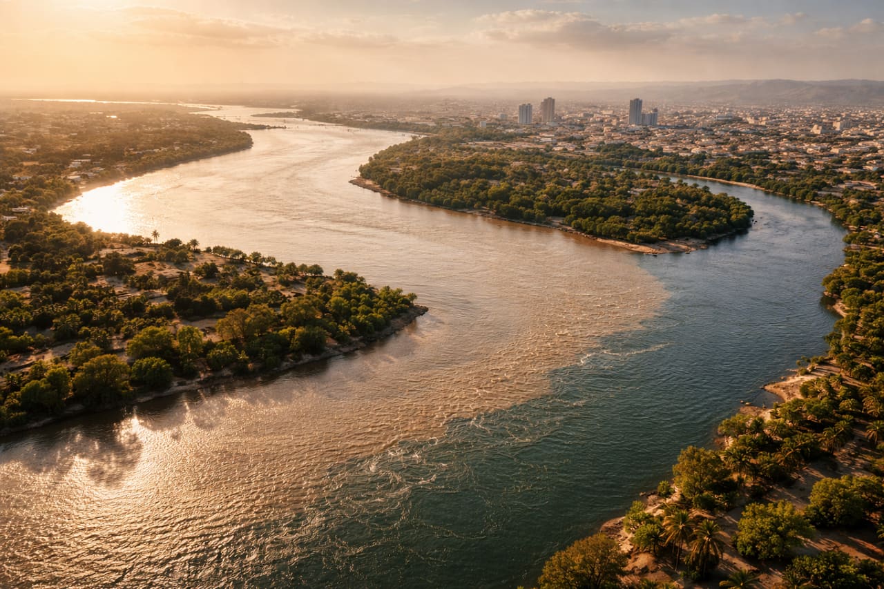 Слияние Белого и Голубого Нила в Хартуме с широкими водными линиями, мягким солнечным светом и просторным речным пейзажем.