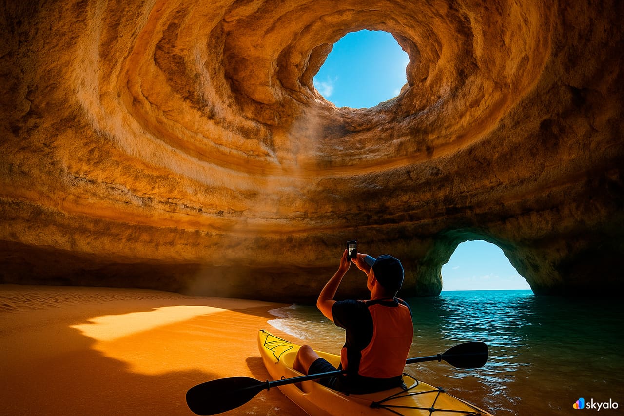 Kayaker che fotografa il raggio di sole dentro la Grotta di Benagil; sabbia ambrata e lucernario blu sopra