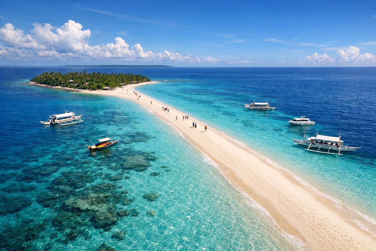L’isola di Kalanggaman con una lunga lingua di sabbia tra il mare turchese delle Filippine.