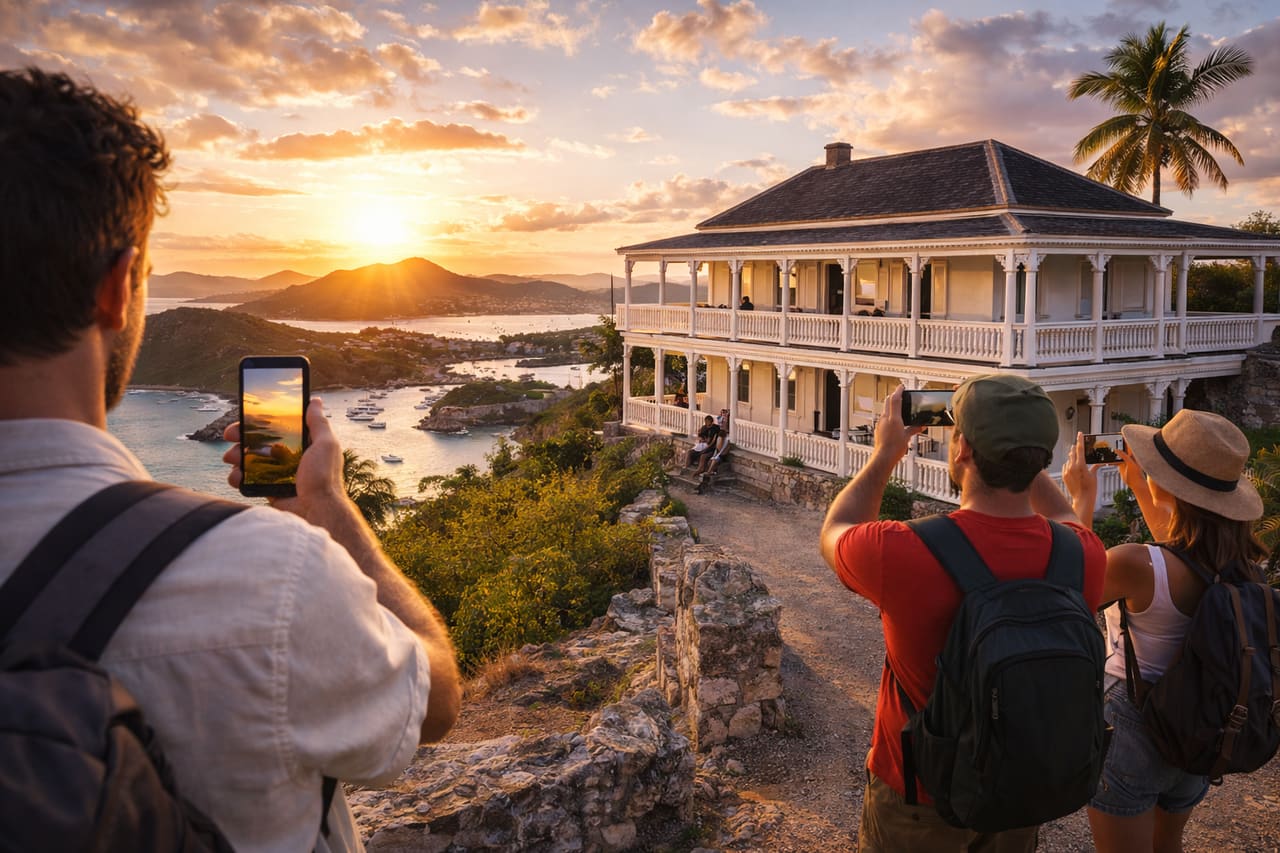 Clarence House con vista sul porto e turisti che usano internet mobile eSIM