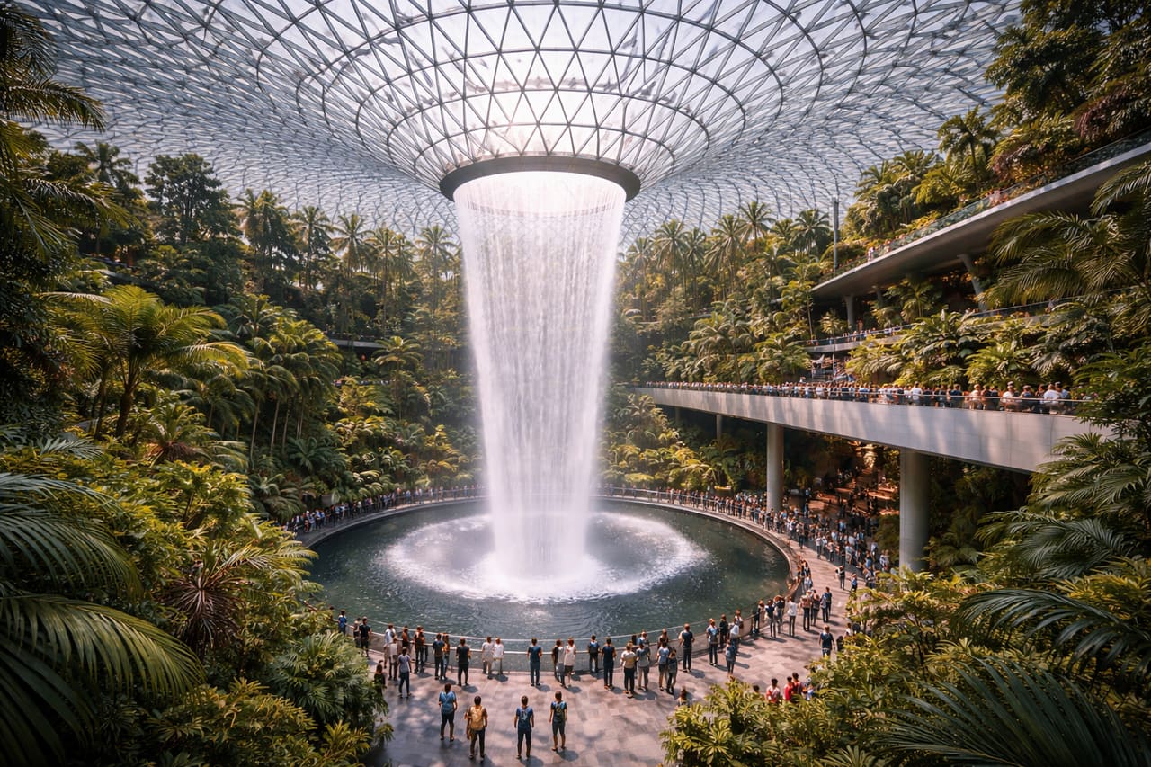 La cascata Rain Vortex all’interno del complesso Jewel.