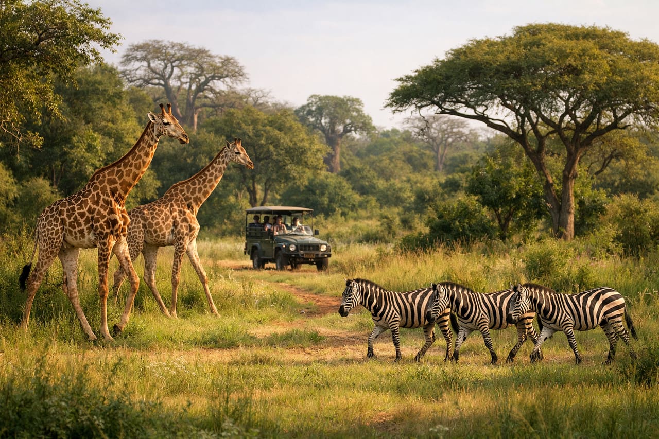Giraffe e zebre nella Riserva di Fathala durante un safari.