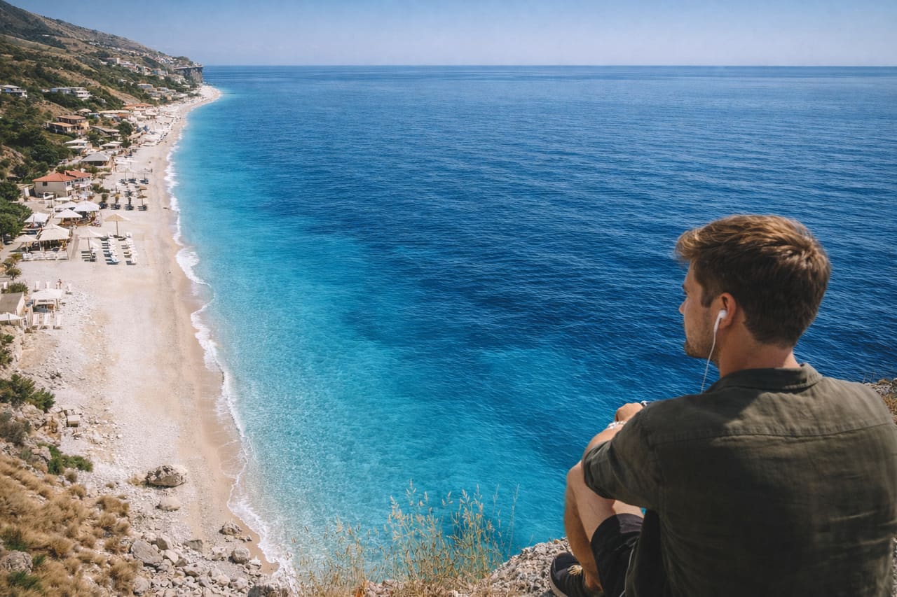 Spiaggia di Dhërmi in Albania con acqua cristallina e montagne