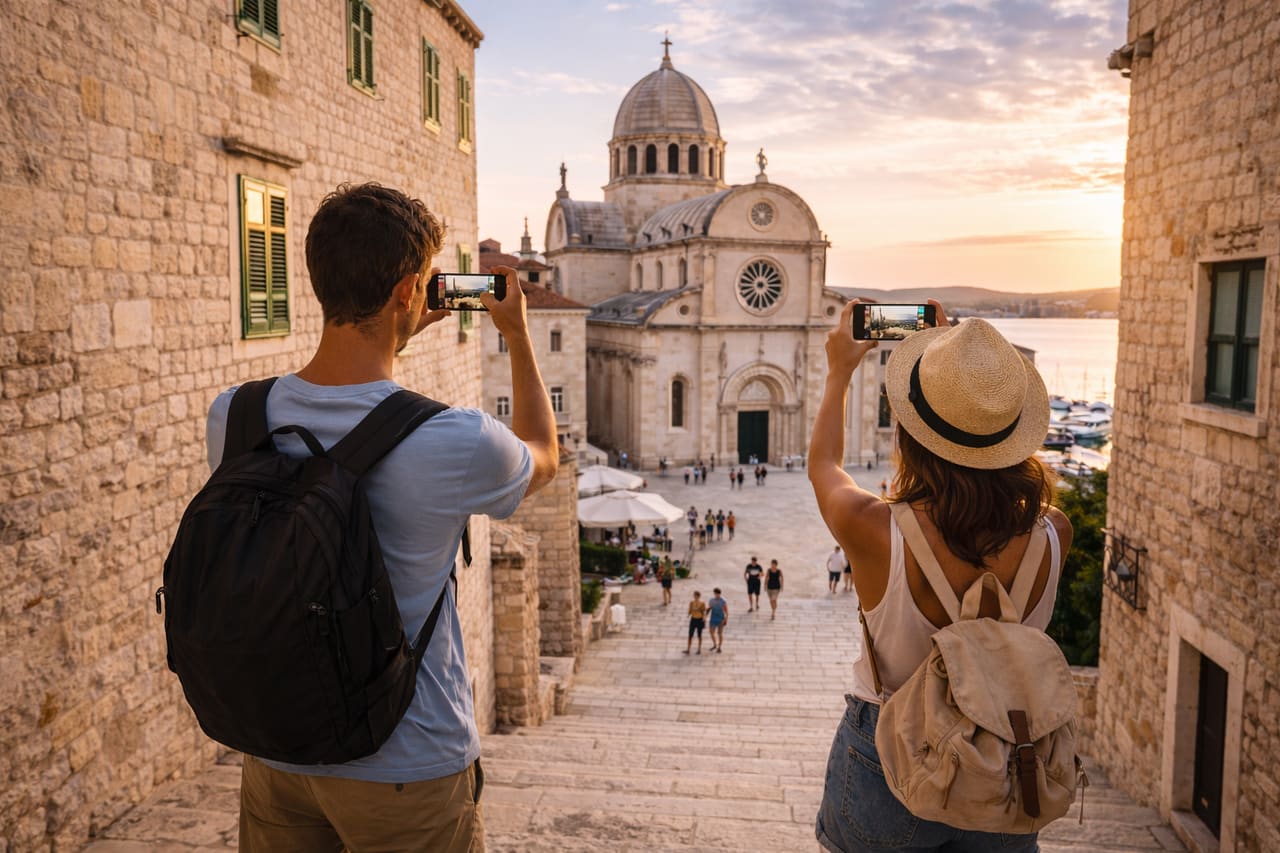 Touristen nutzen Smartphones mit eSIM-Internet bei der Kathedrale des Heiligen Jakob in Šibenik