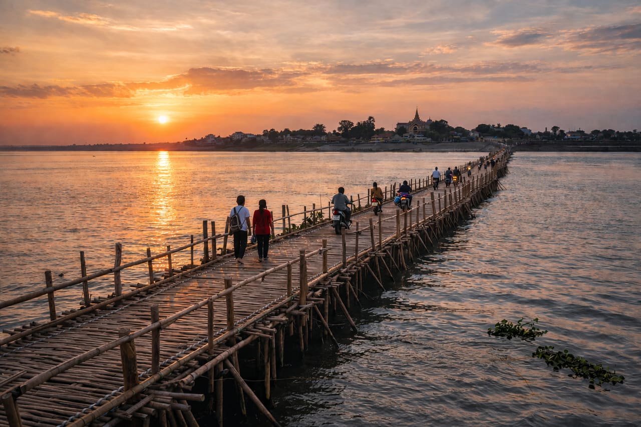 Ponte di bambù sul Mekong a Kampong Cham sullo sfondo del cielo al tramonto