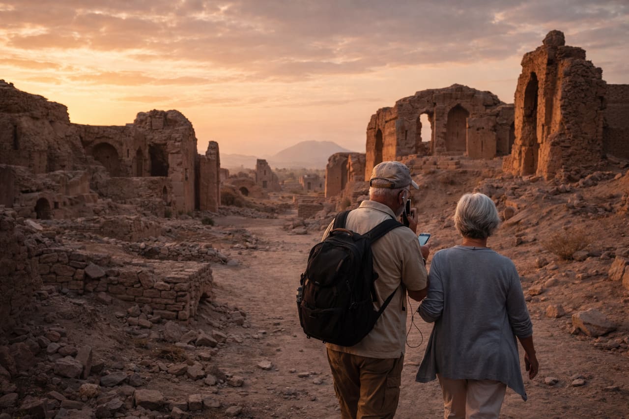 Rovine di Balkh e turisti con smartphone