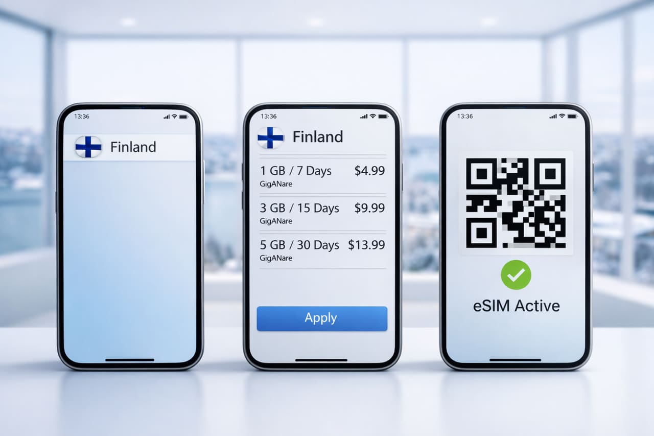 Три смартфона с интерфейсами eSIM для Финляндии на фоне зимнего городского пейзажа - выбор страны, тарифы с ценами и экран активации с QR-кодом.