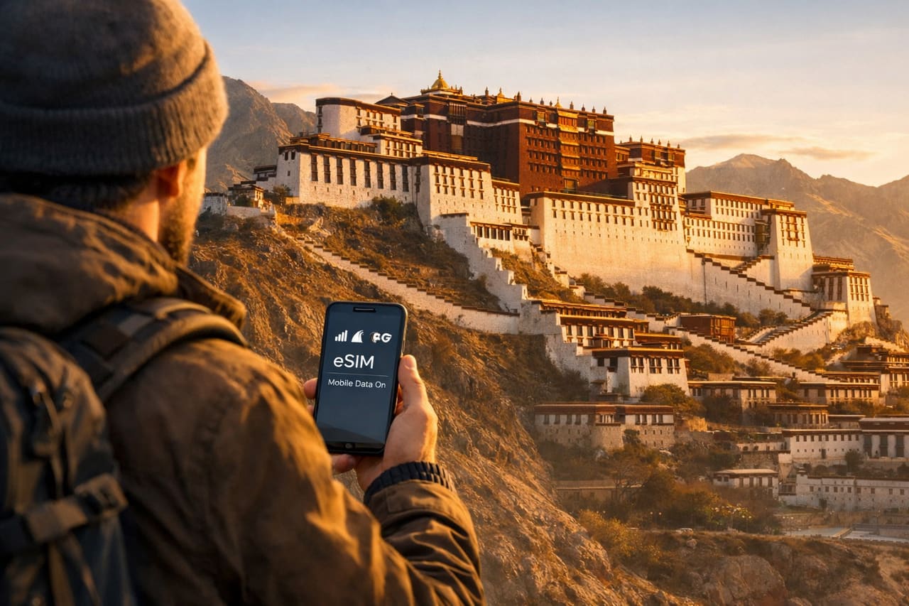 Palazzo Potala a Lhasa e un turista con lo smartphone con eSIM