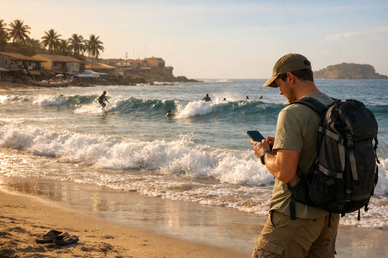 Spiaggia di N’Gor con surfisti e onde oceaniche.