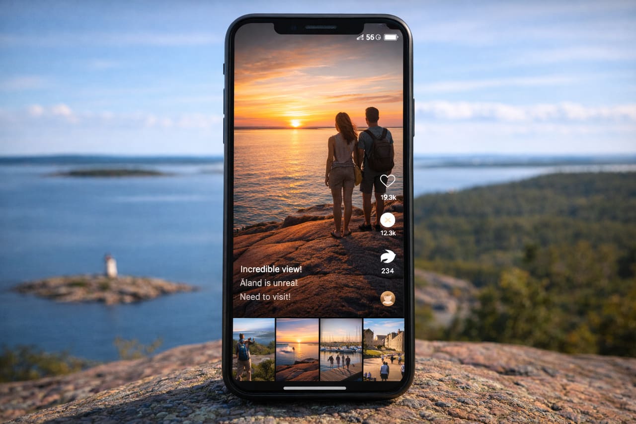 Smartphone al centro dell’inquadratura con interfaccia Reels e video del tramonto nelle Isole Åland con eSIM attiva